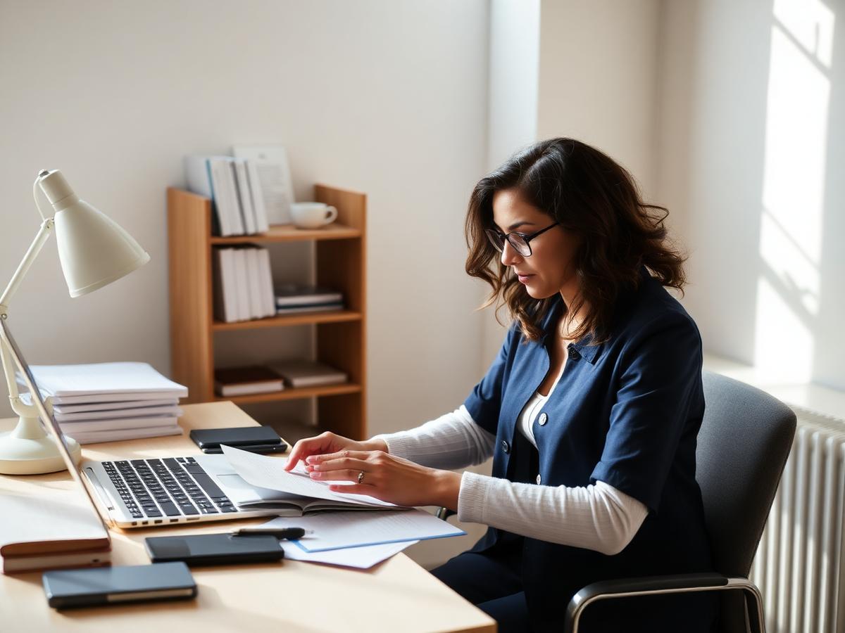 Ondernemer bekijkt documenten aan bureau